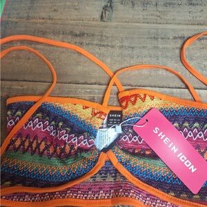 SHEIN Colorful Knit Bikini Top with Orange Straps